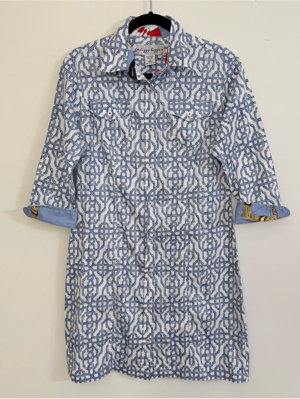 Dizzy Lizzie Sag Harbor Montauk Shift Dress M Blue White Geometric Cotton Preppy